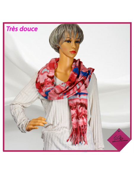 Foulard très doux, rose et bleu, motif abstrait finition franges