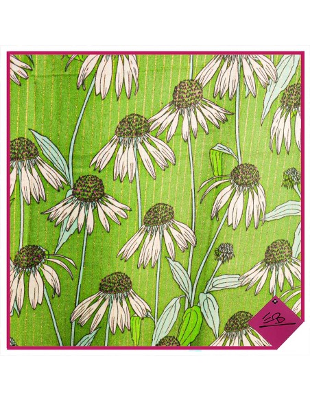 Foulard vert, fleurs de pissenlits ,finition fil lurex