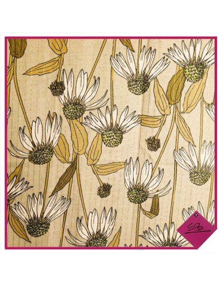 Foulard beige, fleurs de pissenlits ,finition fil lurex