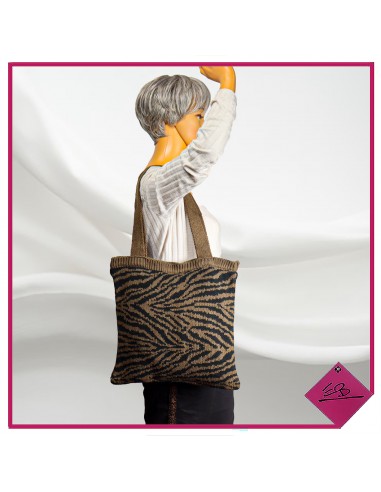 Sac porté main ou porté épaule, maille jersey, noir et taupe, motif zèbre