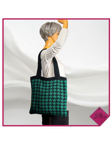 Sac porté main ou porté épaule, maille jersey, noir et vert, motif pied de coq