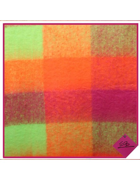 Echarpe FUSCHIA ANIS ORANGE, gros carreaux, finition franges