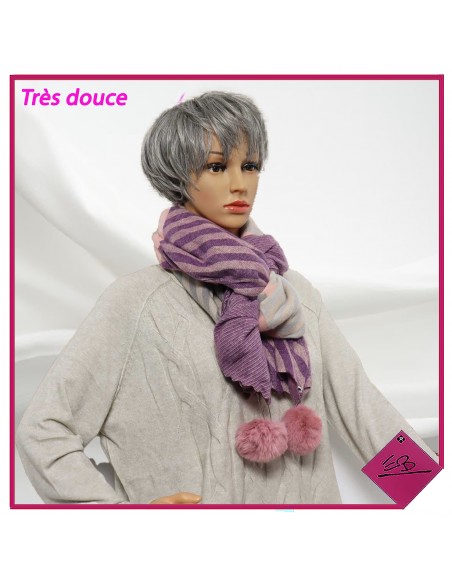 Echarpe extra douce, LILAS, GRISE, ROSE, motif jacquard, finition pompons amovible par épingle