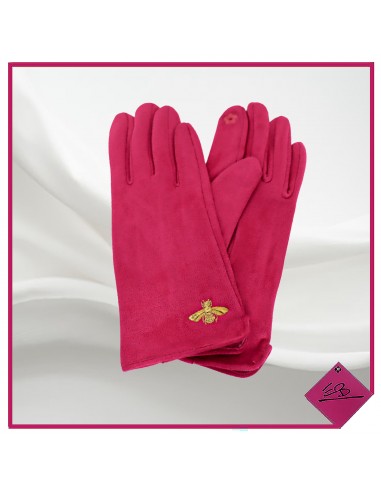 Gant fuchsia, texture daim, motif Abeille