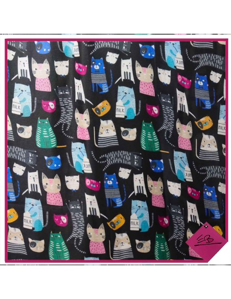 Foulard noir, chats multicolores