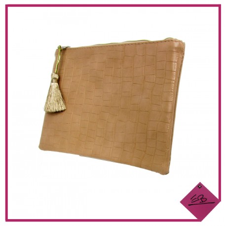 Pochette effet croco beige pompon argent brillant